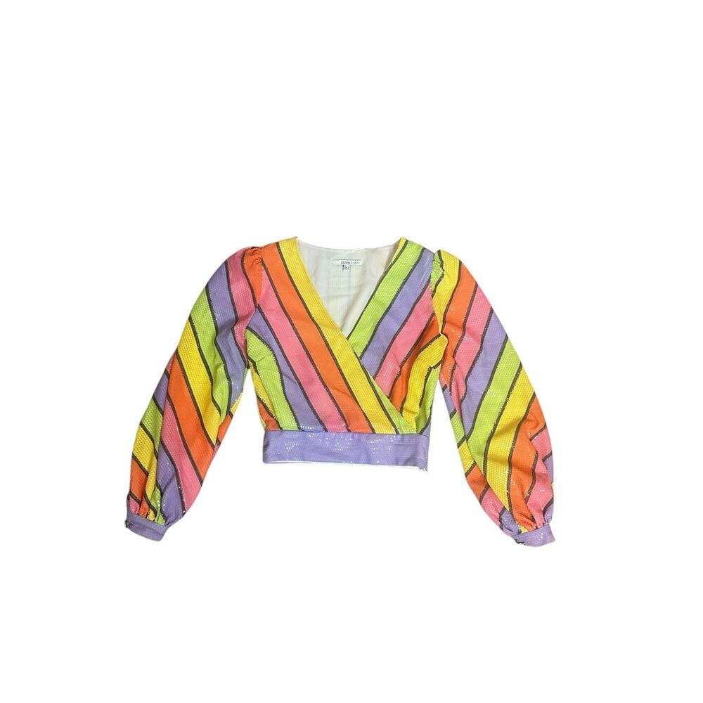Olivia Rubin Kendall Rainbow Striped Sequin Wrap Crop Top Bishop Sleeve Blouse 0
